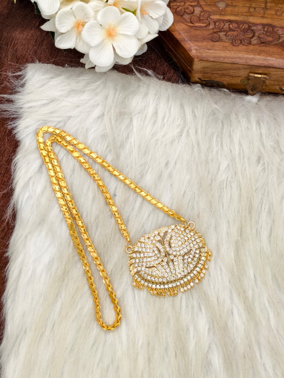 Women Impone Stone Dollar Chain with Gold Plated Finish