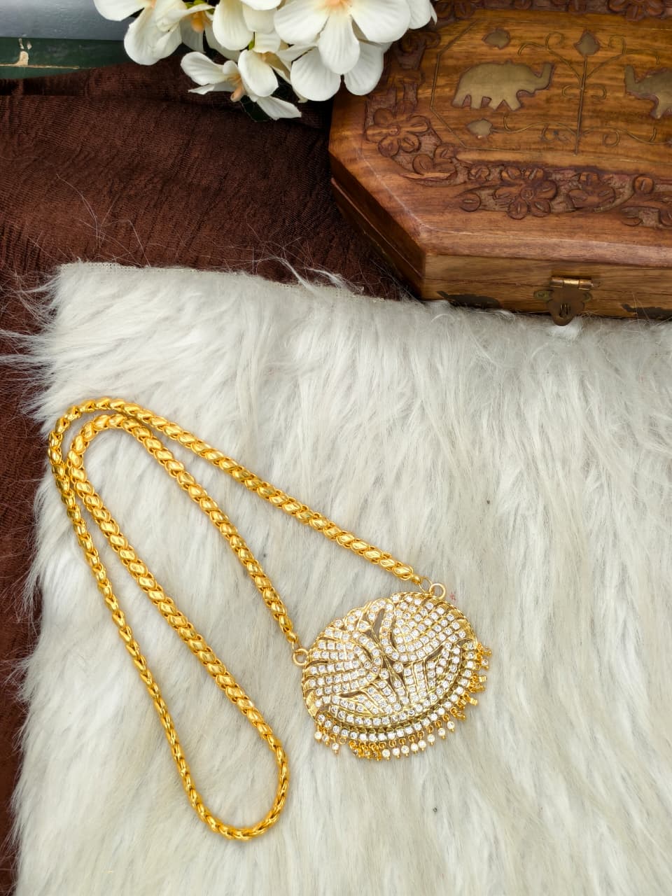 Women Impone Stone Dollar Chain with Gold Plated Finish