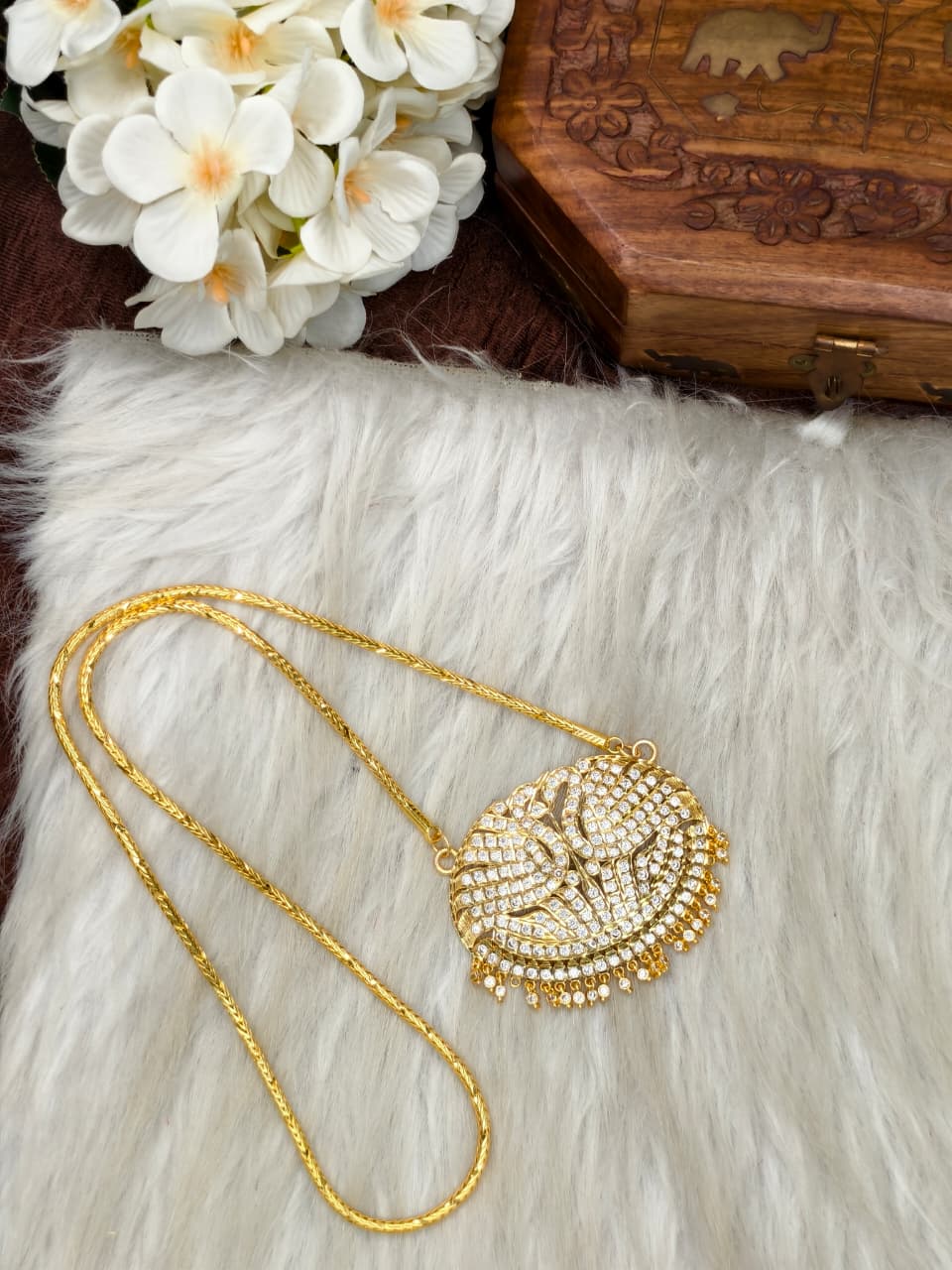 Women Impone Stone Dollar Chain with Gold Plated Finish