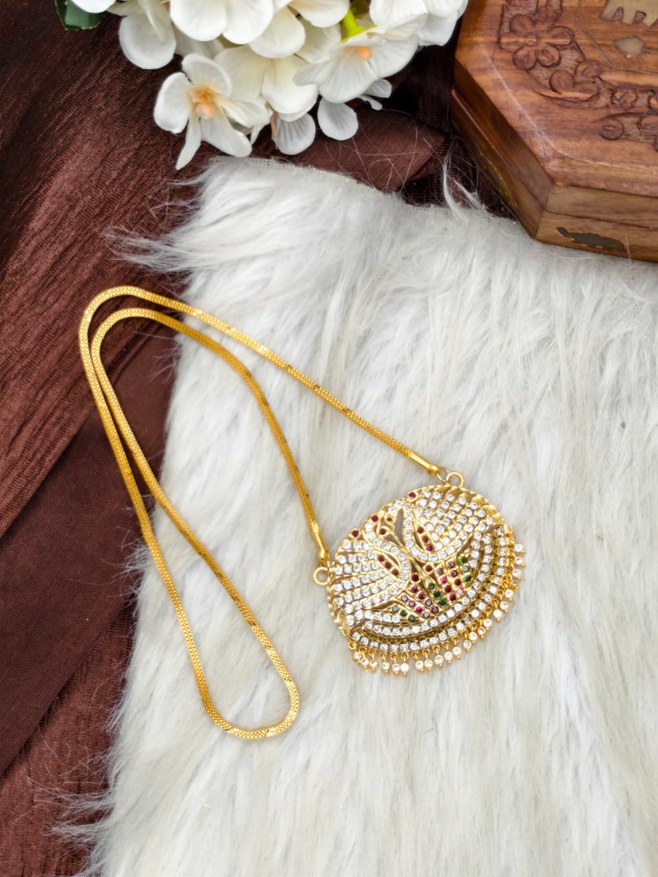 Women Impone Stone Dollar Chain with Gold Plated Finish