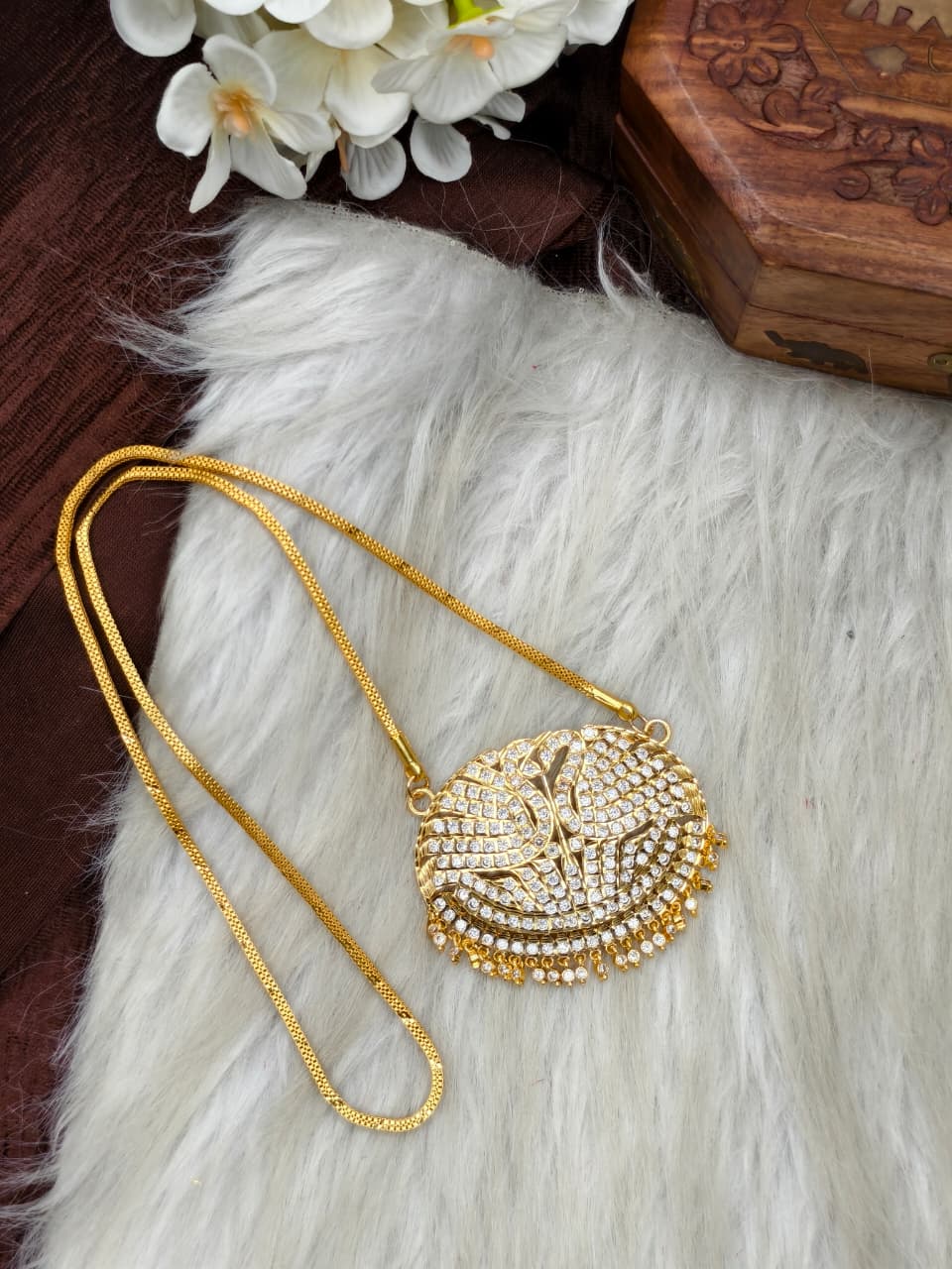 Women Impone Stone Dollar Chain with Gold Plated Finish
