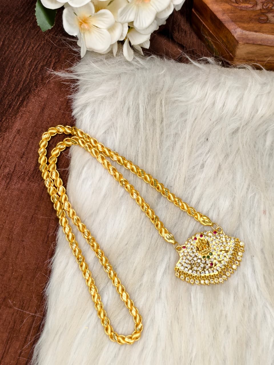 Women Impone Stone Dollar Chain with Gold Plated Finish