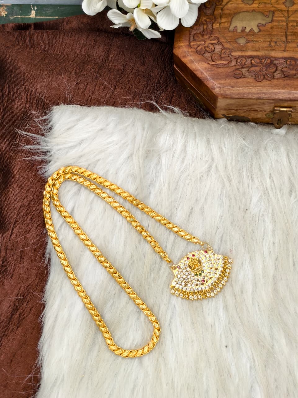 Women Impone Stone Dollar Chain with Gold Plated Finish