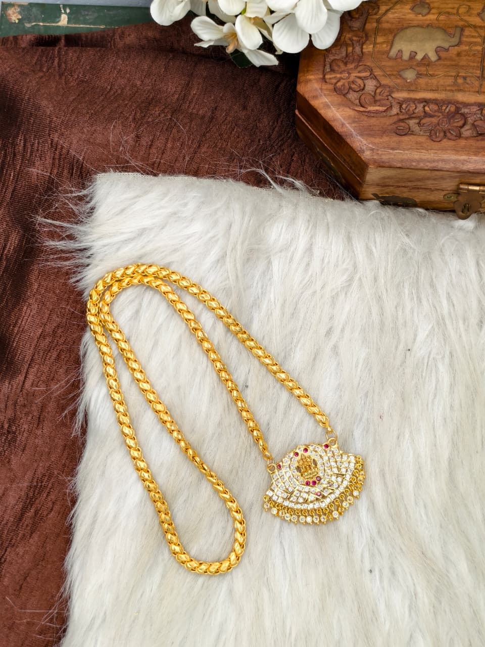 Women Impone Stone Dollar Chain with Gold Plated Finish