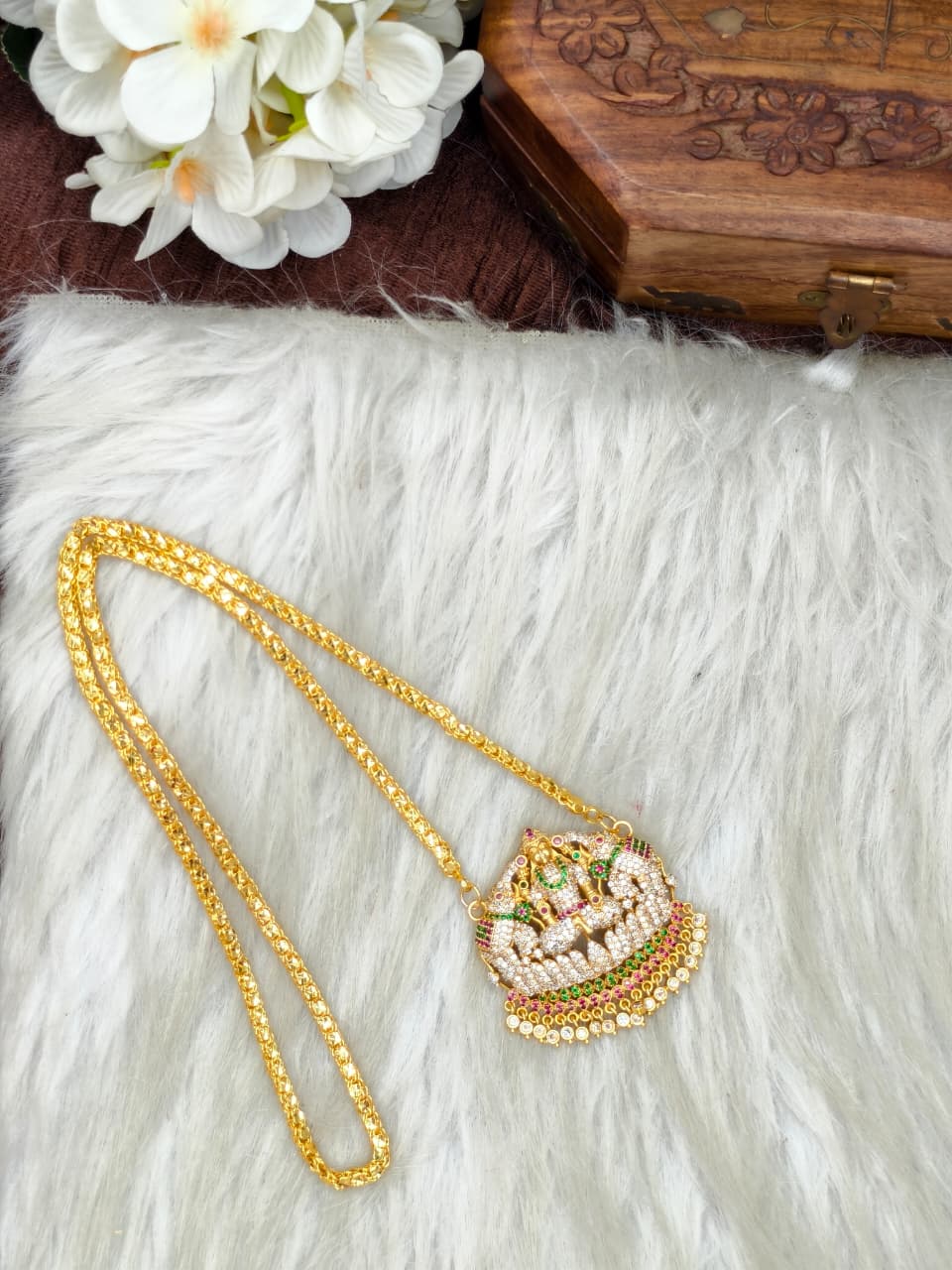 Women Impone Stone Dollar Chain with Gold Plated Finish