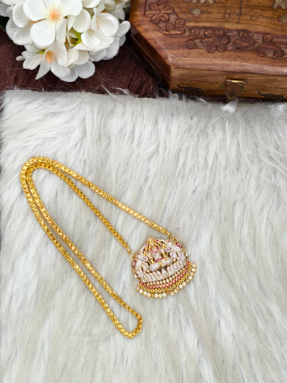 Women Impone Stone Dollar Chain with Gold Plated Finish