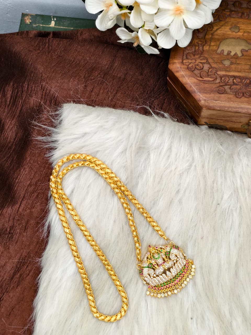 Women Impone Stone Dollar Chain with Gold Plated Finish