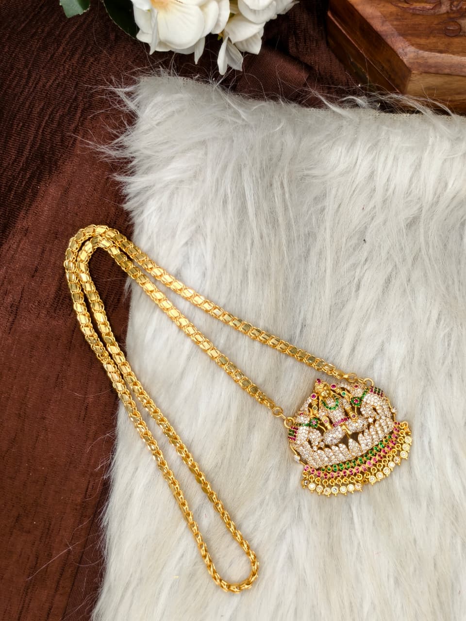 Women Impone Stone Dollar Chain with Gold Plated Finish
