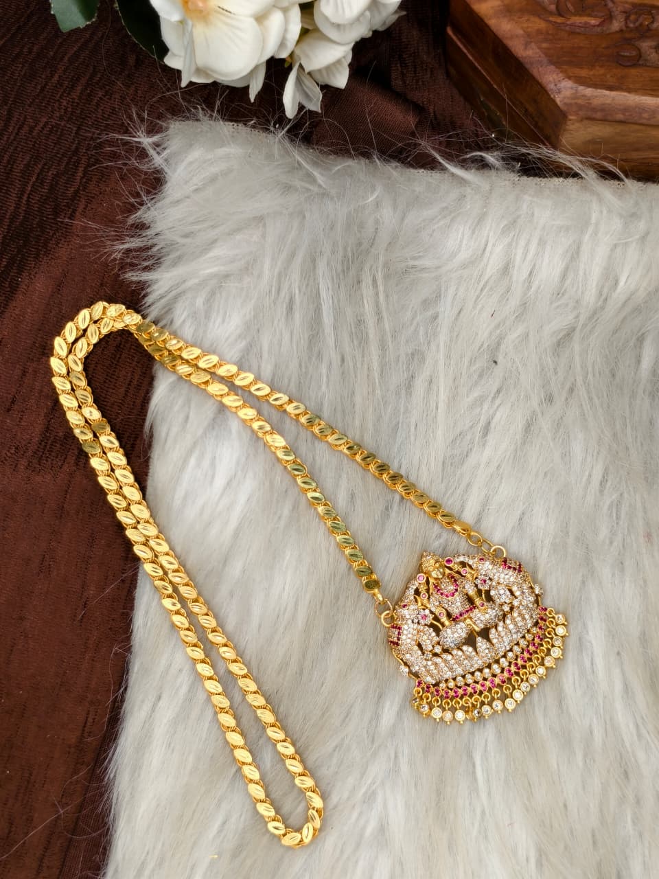 Women Impone Stone Dollar Chain with Gold Plated Finish