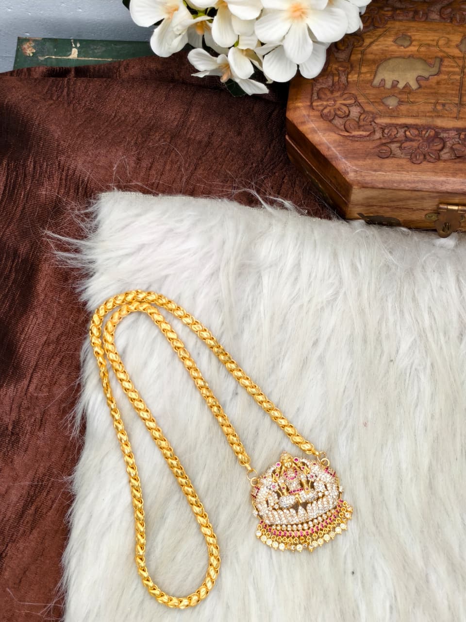 Women Impone Stone Dollar Chain with Gold Plated Finish