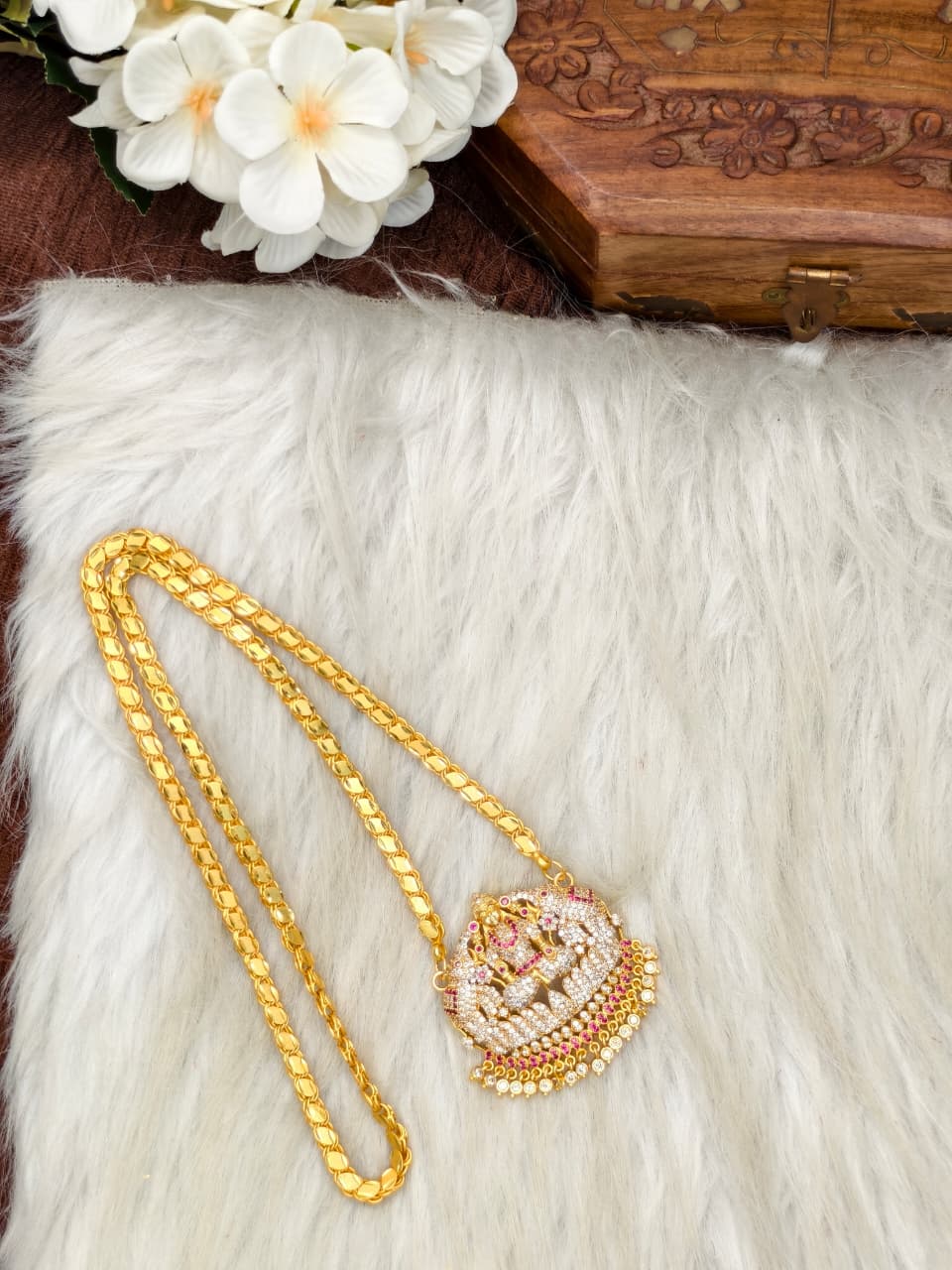 Women Impone Stone Dollar Chain with Gold Plated Finish
