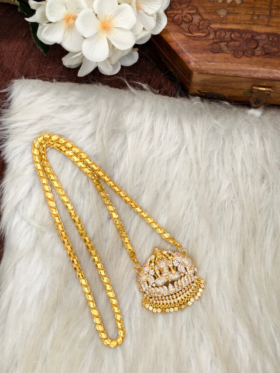 Women Impone Stone Dollar Chain with Gold Plated Finish
