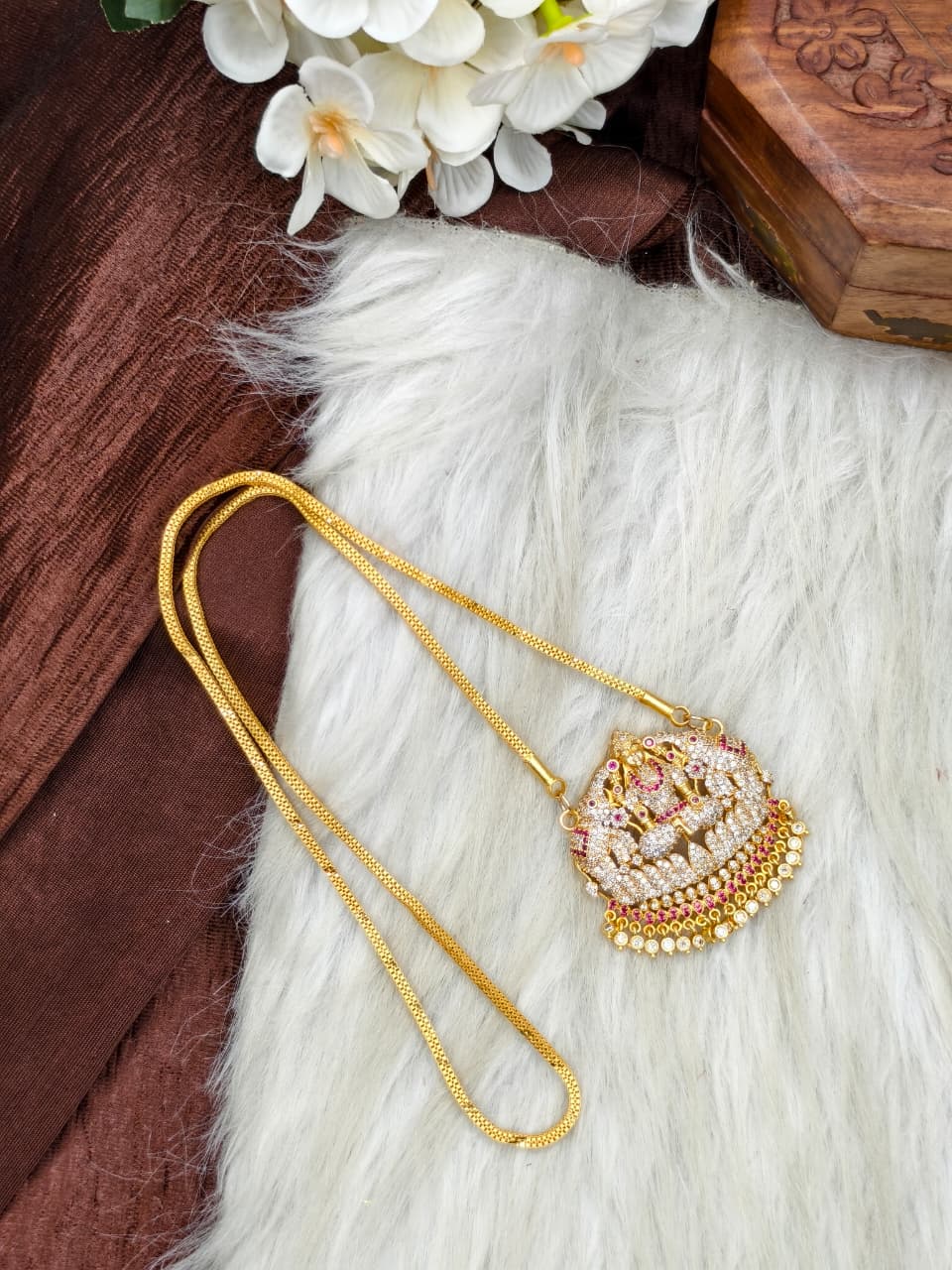 Women Impone Stone Dollar Chain with Gold Plated Finish