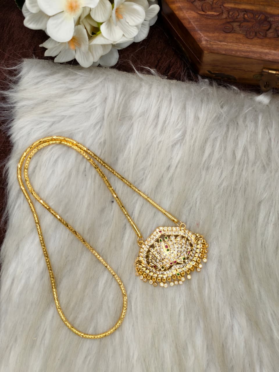 Women Impone Stone Dollar Chain with Gold Plated Finish