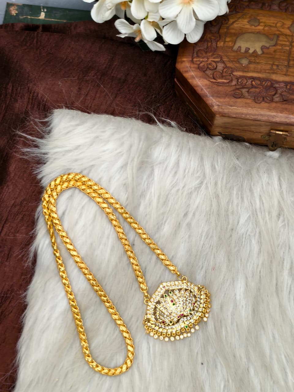 Women Impone Stone Dollar Chain with Gold Plated Finish