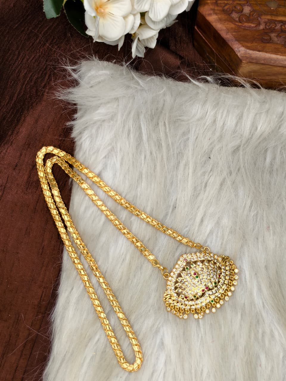 Women Impone Stone Dollar Chain with Gold Plated Finish