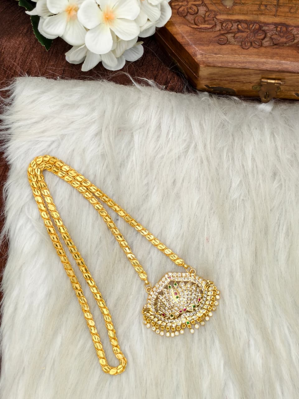 Women Impone Stone Dollar Chain with Gold Plated Finish