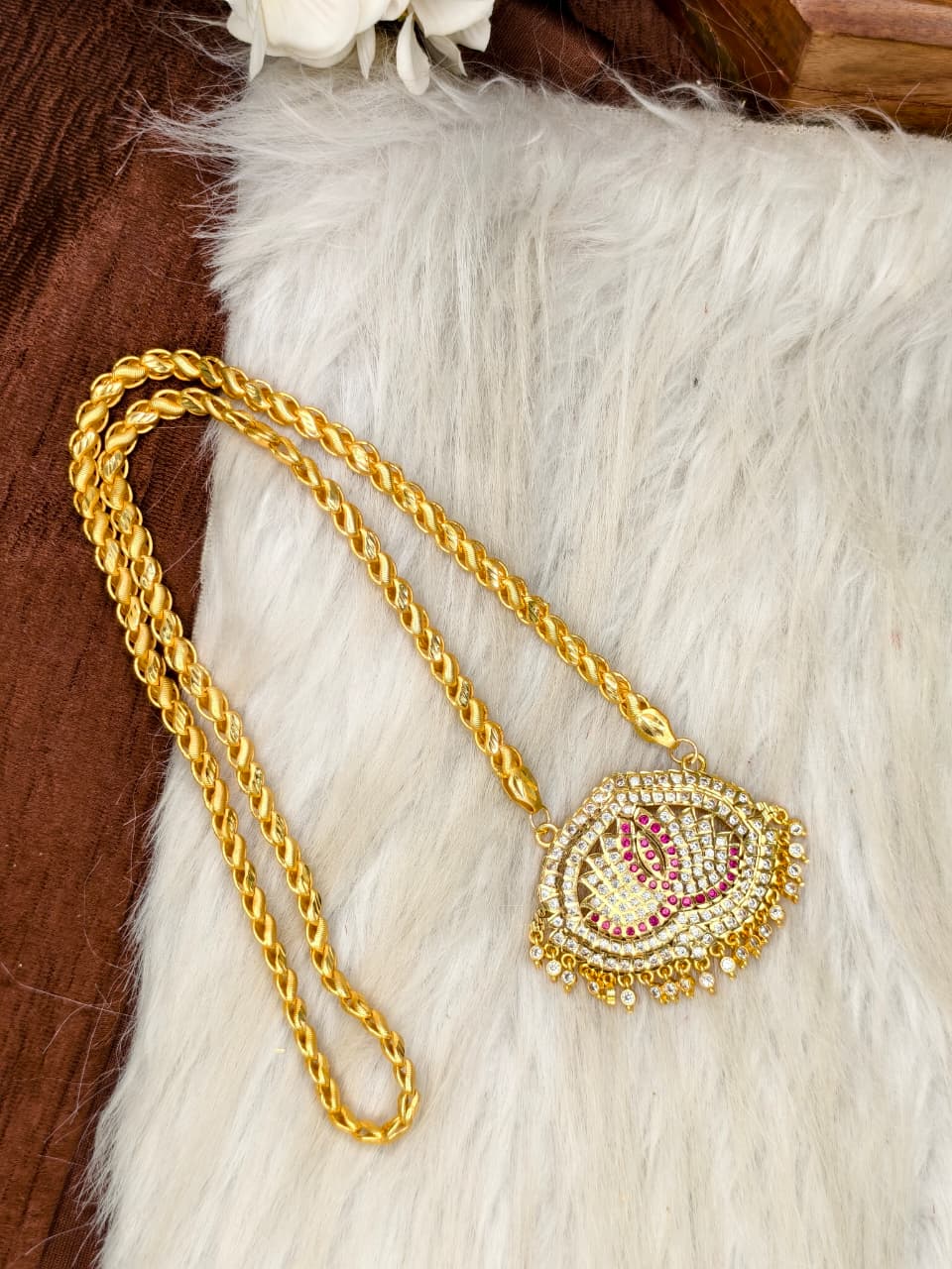 Women Impone Stone Dollar Chain with Gold Plated Finish