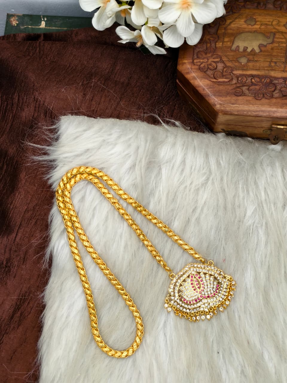 Women Impone Stone Dollar Chain with Gold Plated Finish