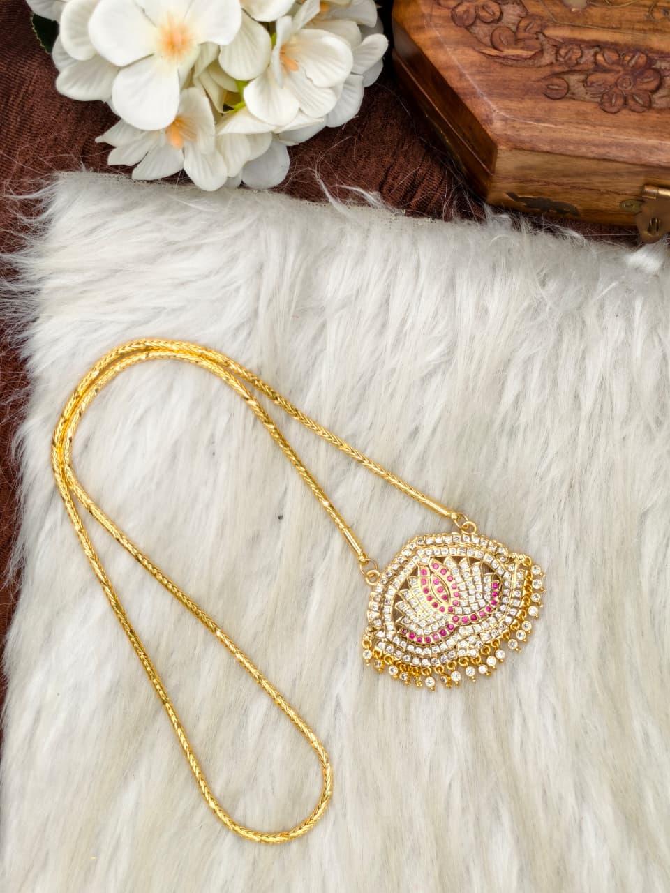 Women Impone Stone Dollar Chain with Gold Plated Finish