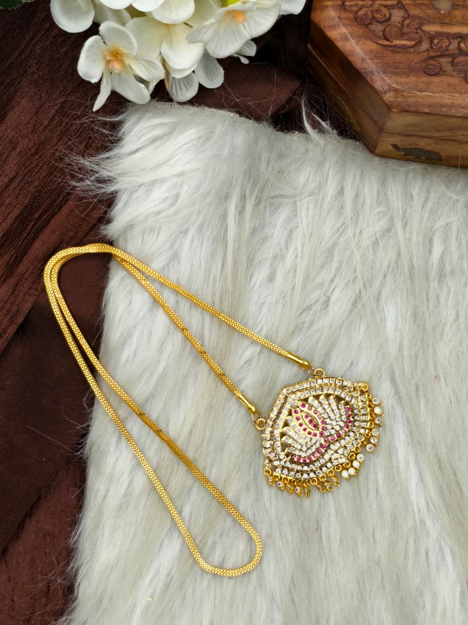 Women Impone Stone Dollar Chain with Gold Plated Finish