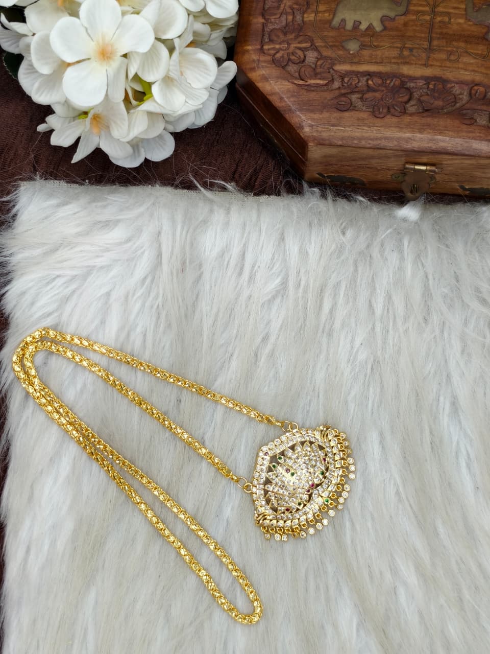 Women Impone Stone Dollar Chain with Gold Plated Finish