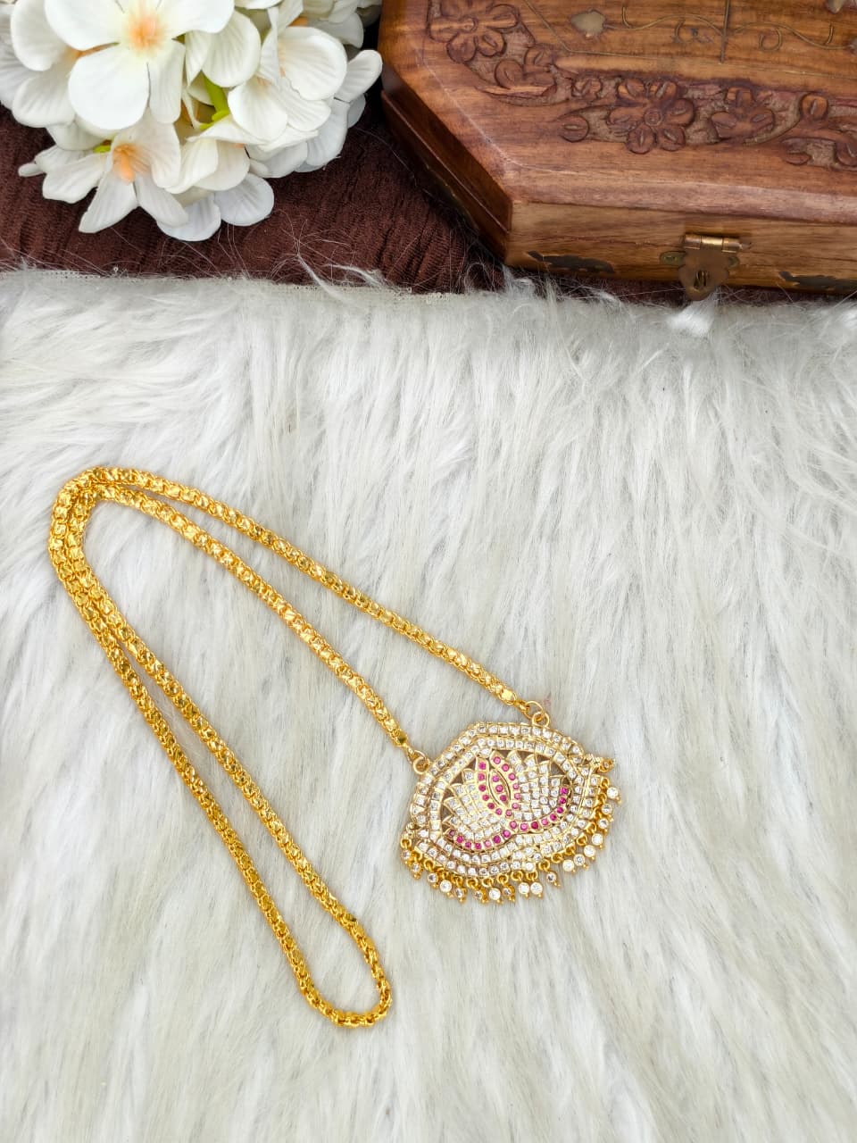 Women Impone Stone Dollar Chain with Gold Plated Finish