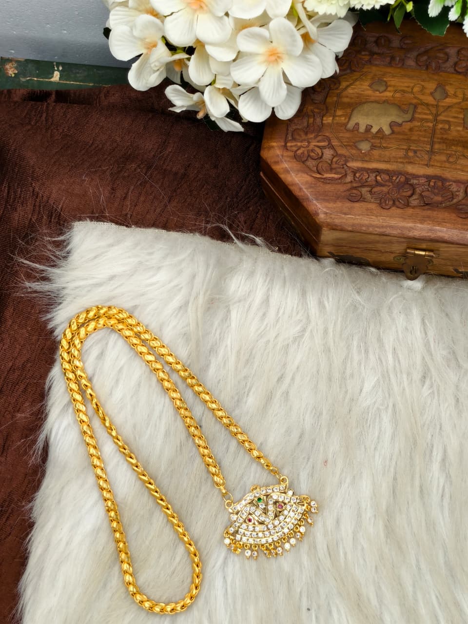 Women Impone Stone Dollar Chain with Gold Plated Finish