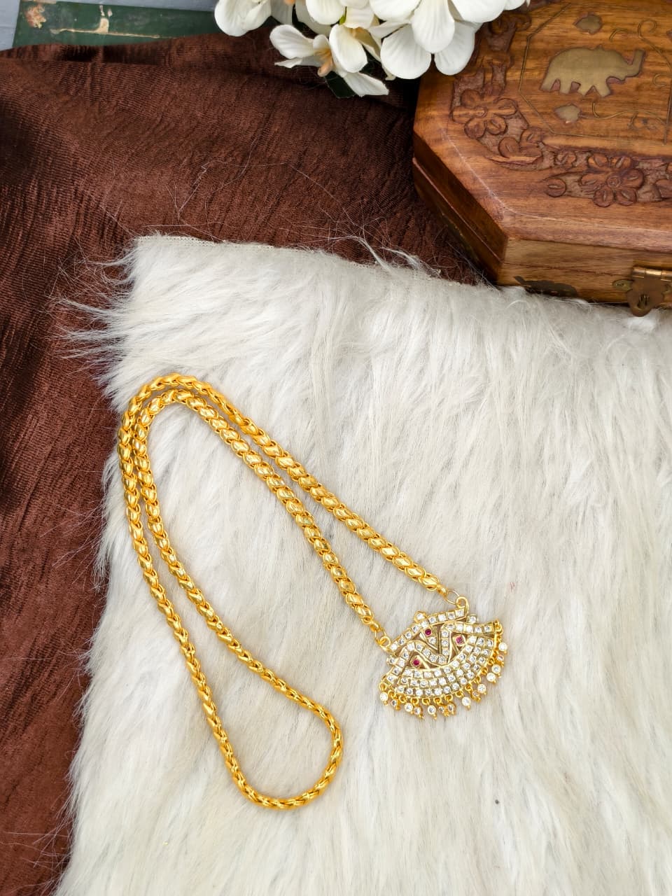 Women Impone Stone Dollar Chain with Gold Plated Finish