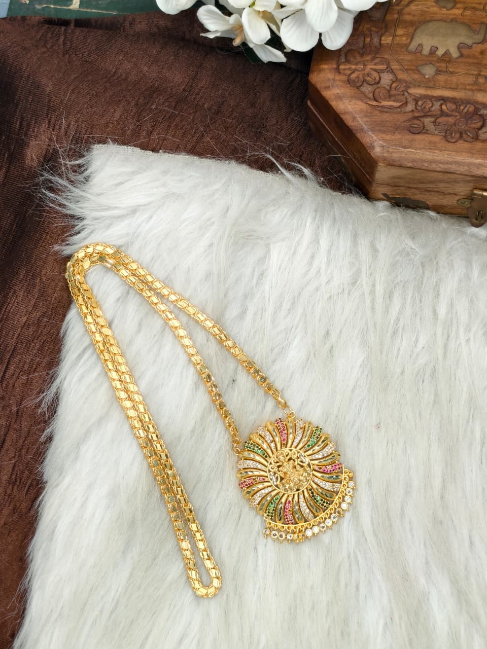 Women Impone Stone Dollar Chain with Gold Plated Finish