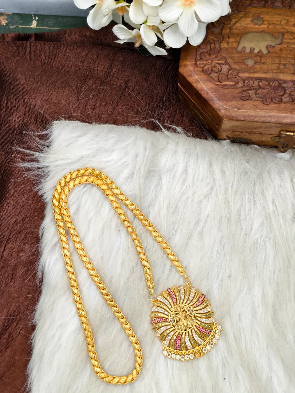 Women Impone Stone Dollar Chain with Gold Plated Finish