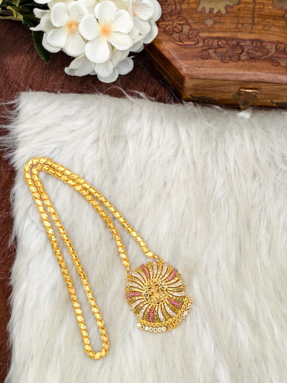 Women Impone Stone Dollar Chain with Gold Plated Finish