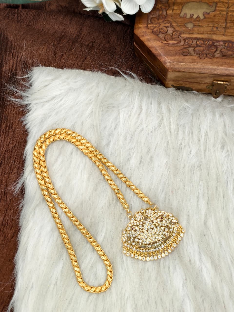 Women Impone Stone Dollar Chain with Gold Plated Finish