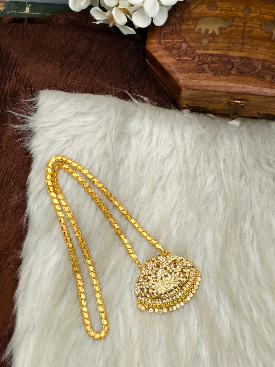 Women Impone Stone Dollar Chain with Gold Plated Finish