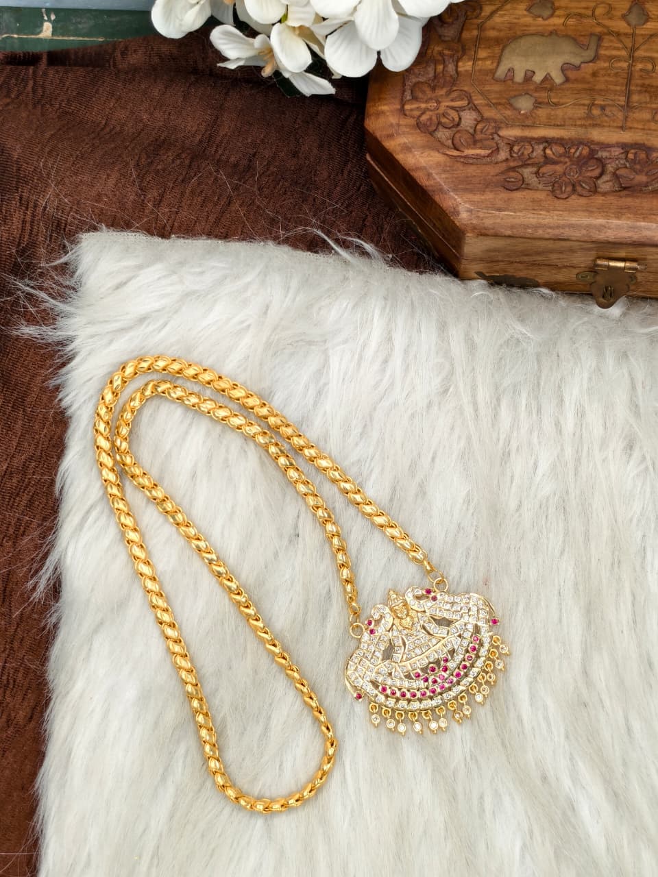 Women Impone Stone Dollar Chain with Gold Plated Finish
