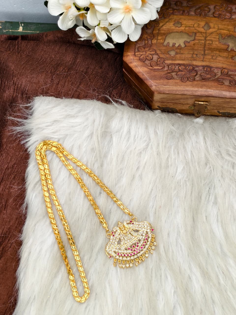 Women Impone Stone Dollar Chain with Gold Plated Finish