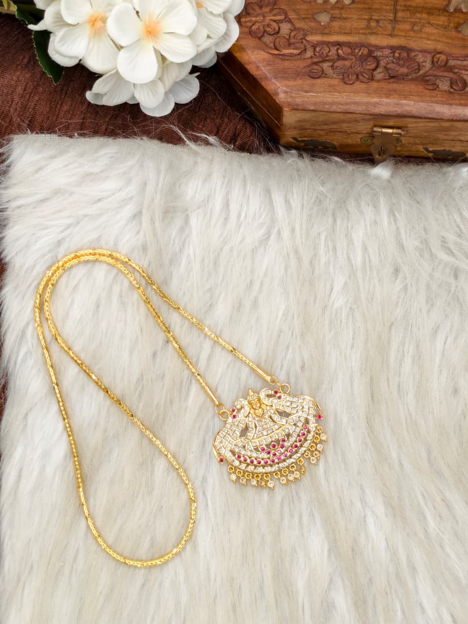 Women Impone Stone Dollar Chain with Gold Plated Finish