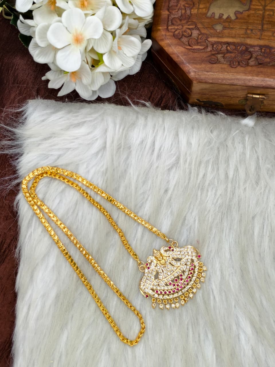 Women Impone Stone Dollar Chain with Gold Plated Finish