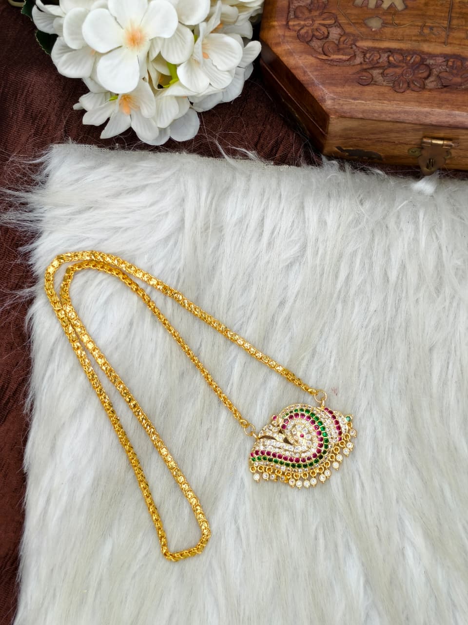 Women Impone Stone Dollar Chain with Gold Plated Finish