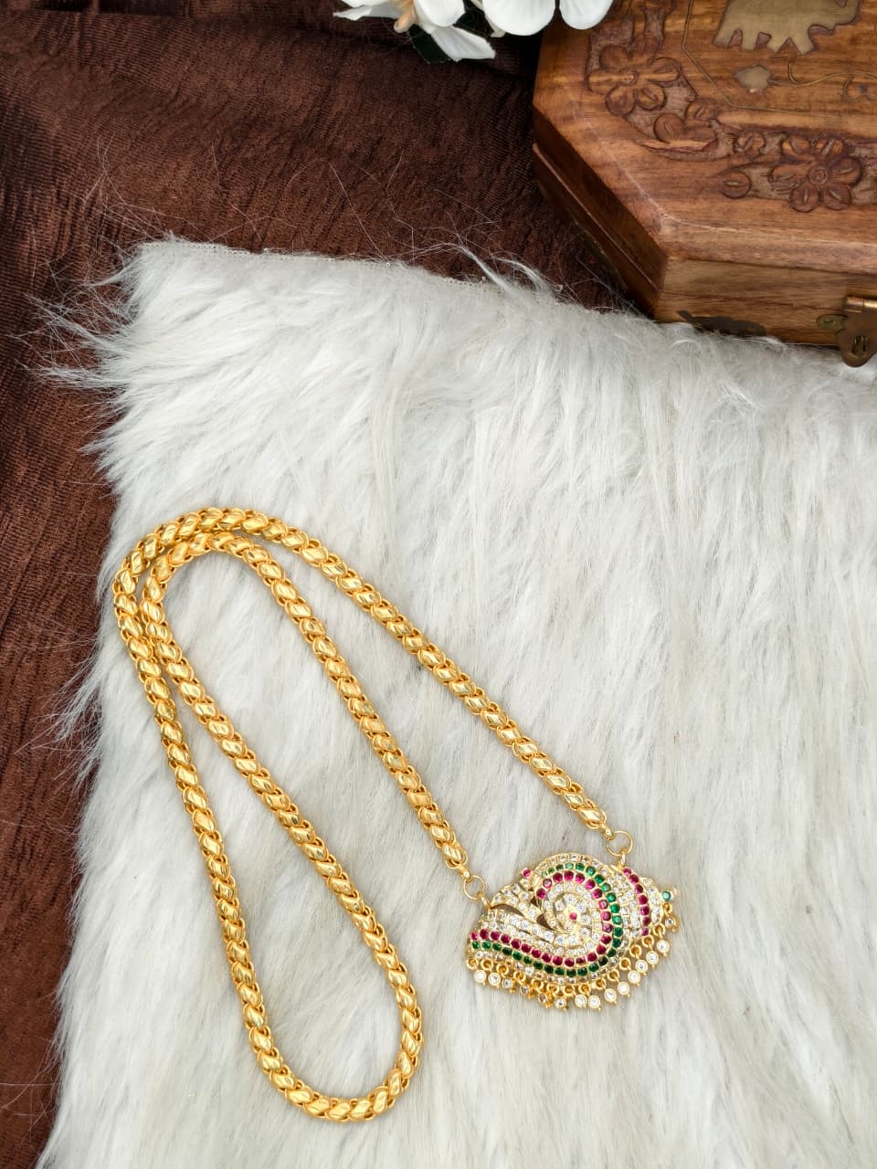 Women Impone Stone Dollar Chain with Gold Plated Finish