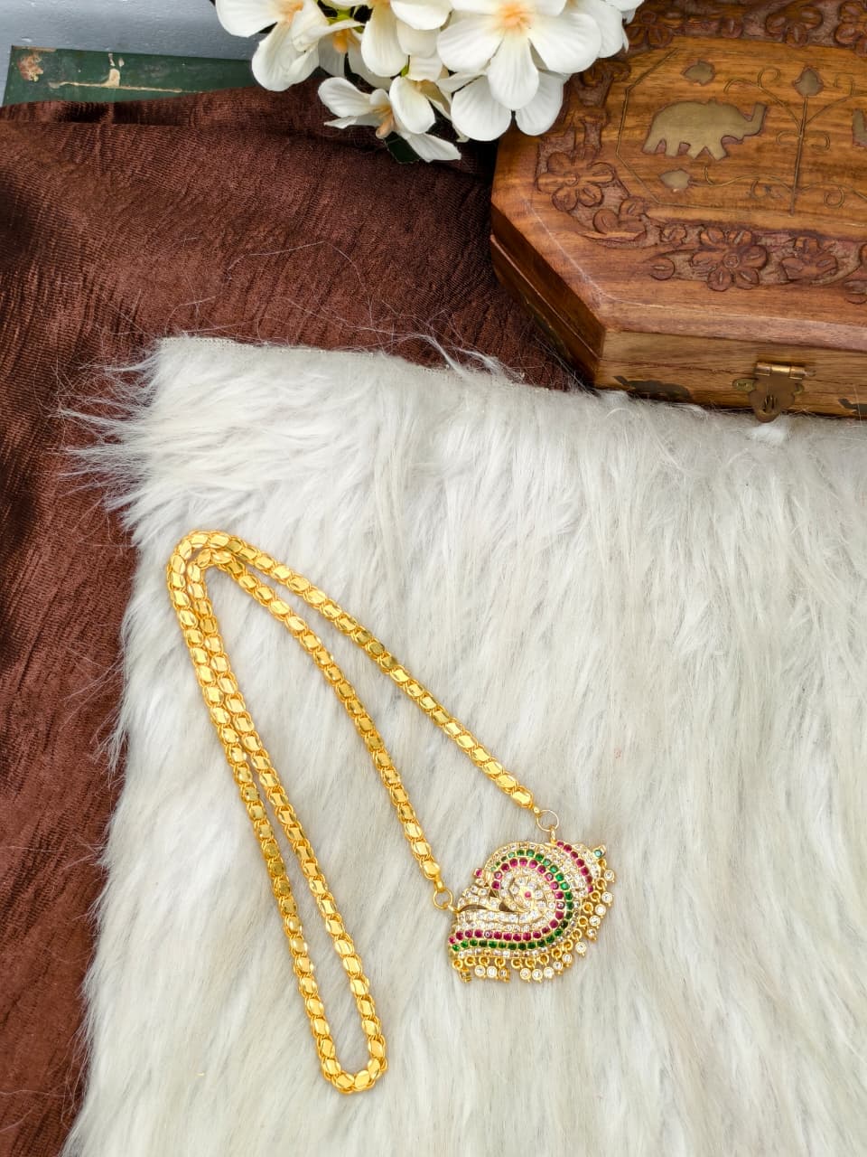 Women Impone Stone Dollar Chain with Gold Plated Finish