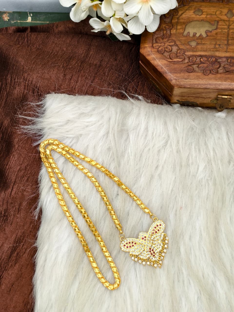 Women Impone Stone Dollar Chain with Gold Plated Finish
