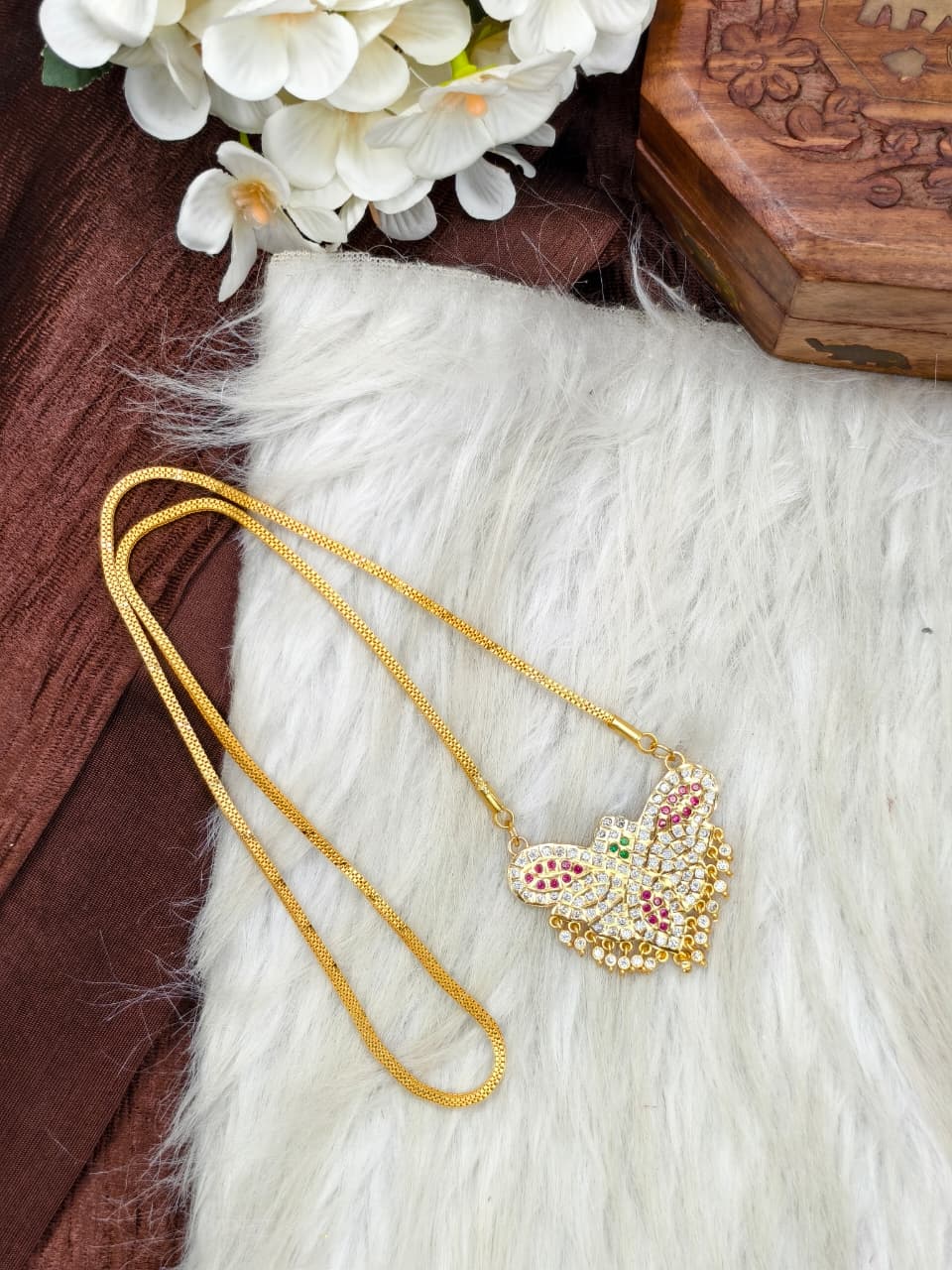 Women Impone Stone Dollar Chain with Gold Plated Finish