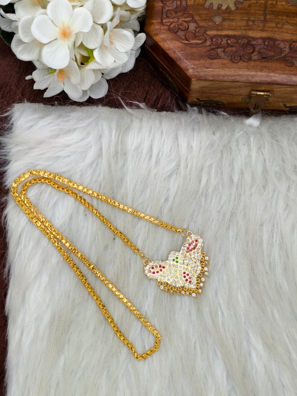 Women Impone Stone Dollar Chain with Gold Plated Finish