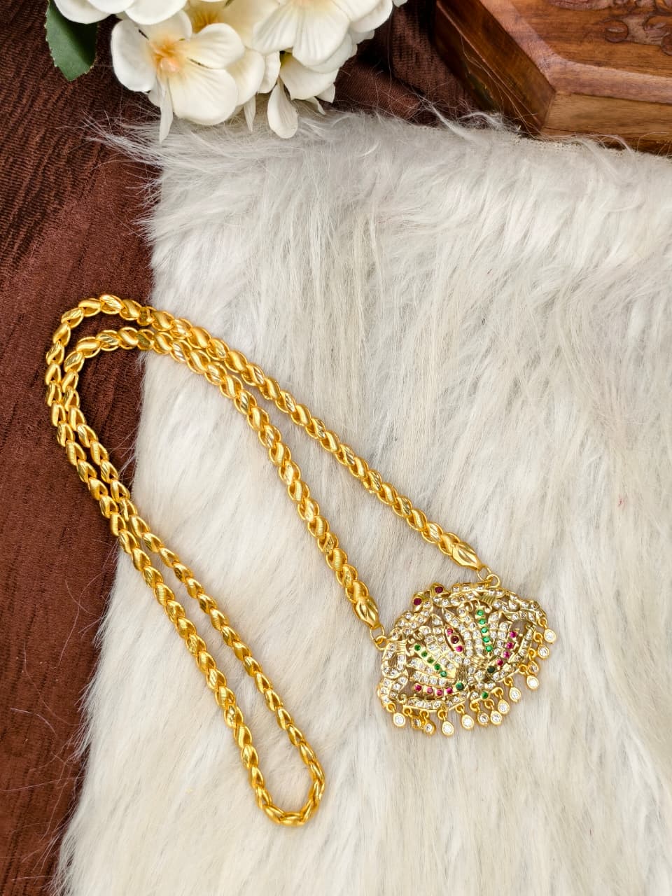Women Impone Stone Dollar Chain with Gold Plated Finish