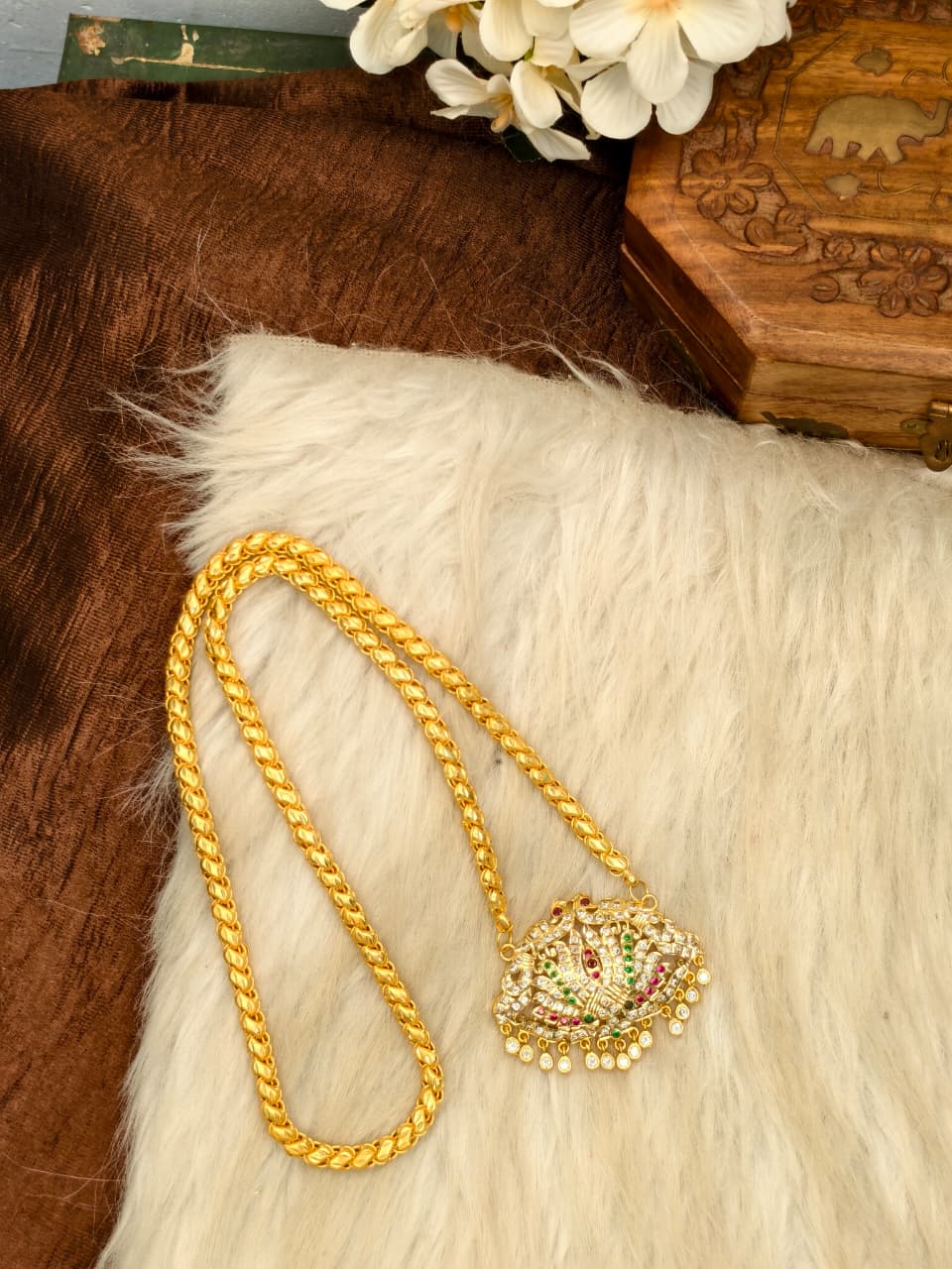 Women Impone Stone Dollar Chain with Gold Plated Finish
