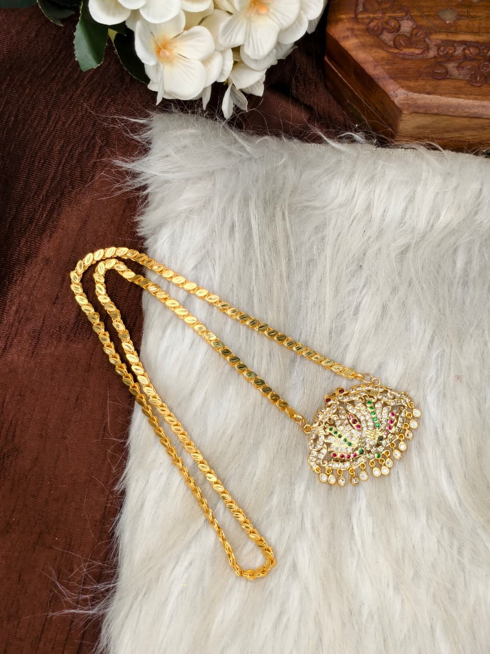 Women Impone Stone Dollar Chain with Gold Plated Finish