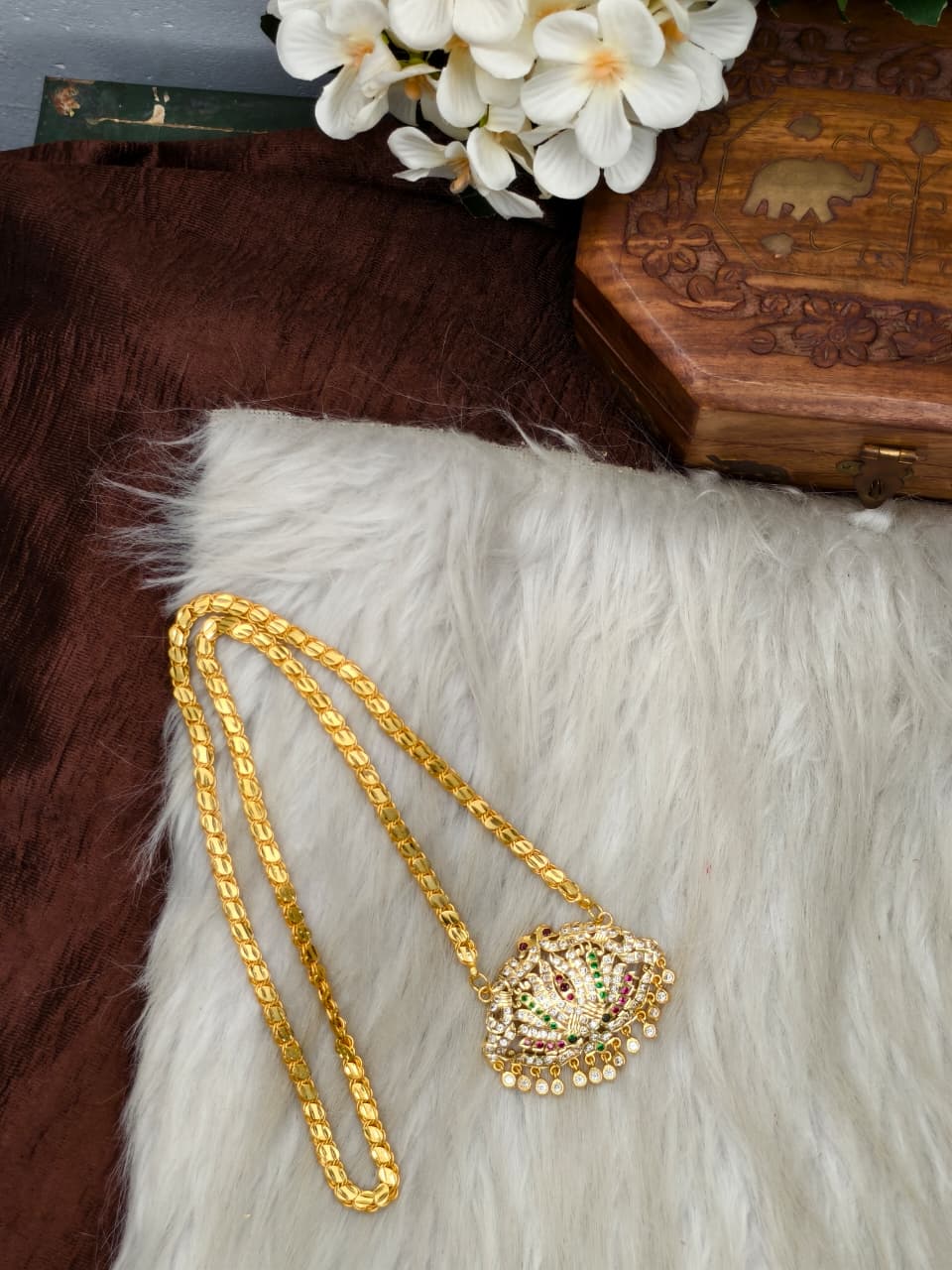 Women Impone Stone Dollar Chain with Gold Plated Finish