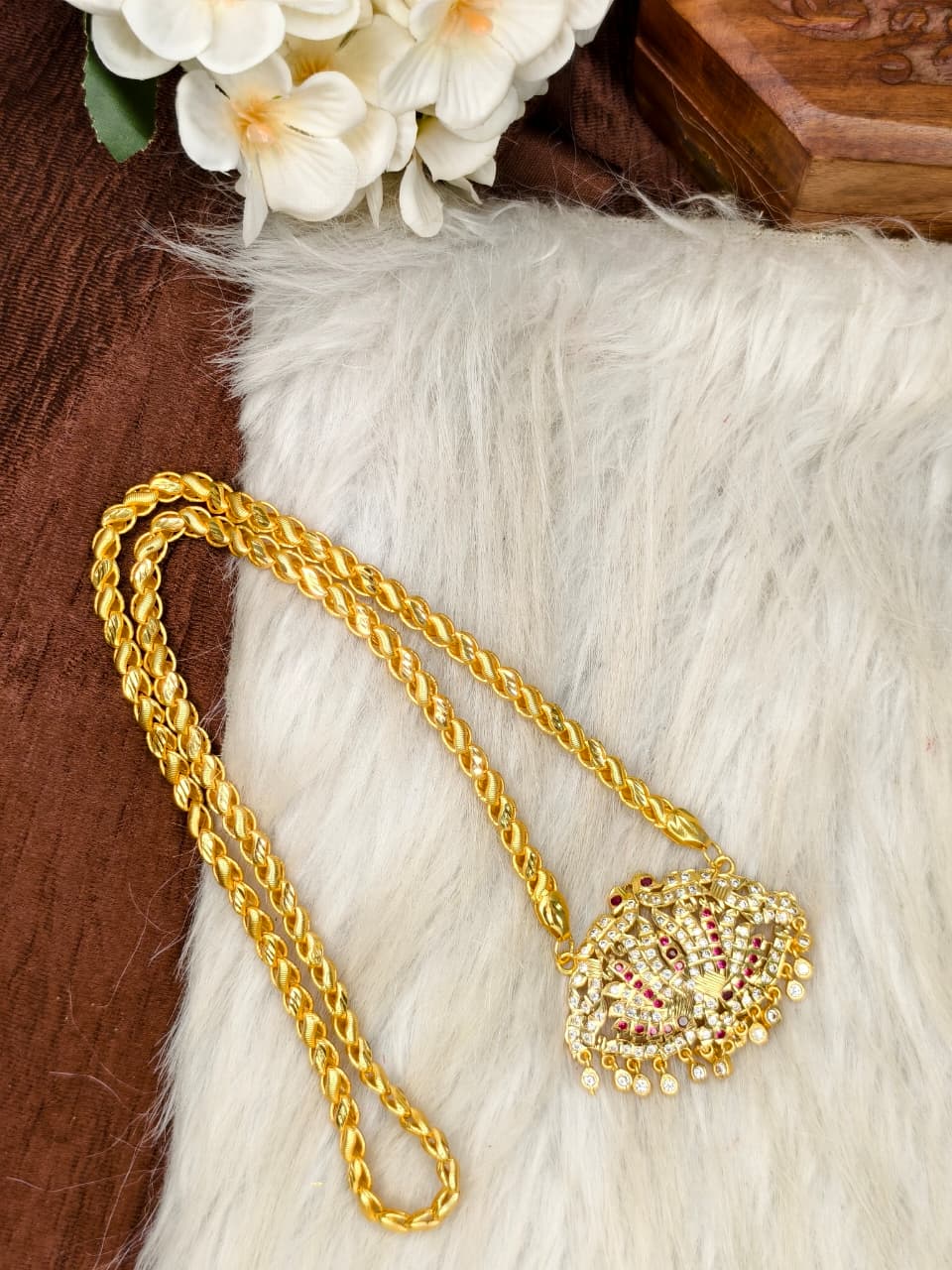Women Impone Stone Dollar Chain with Gold Plated Finish