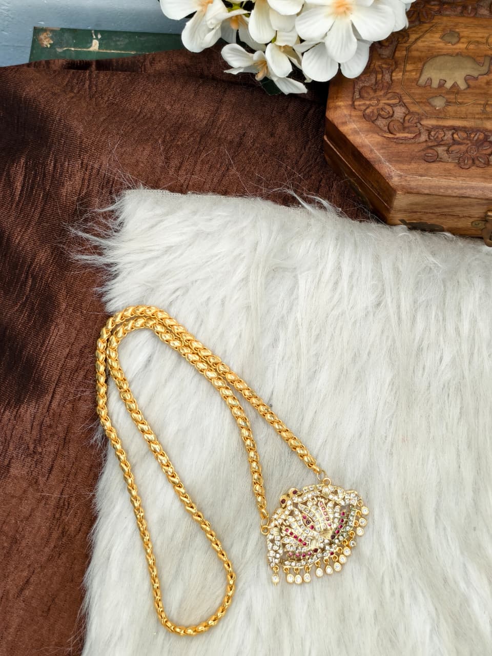 Women Impone Stone Dollar Chain with Gold Plated Finish
